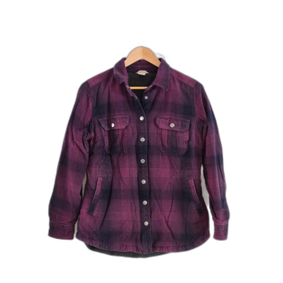 Rare Duluth Trading Co Shacket Women M Black Purple Snap Front Fleece Lined - Picture 4 of 7